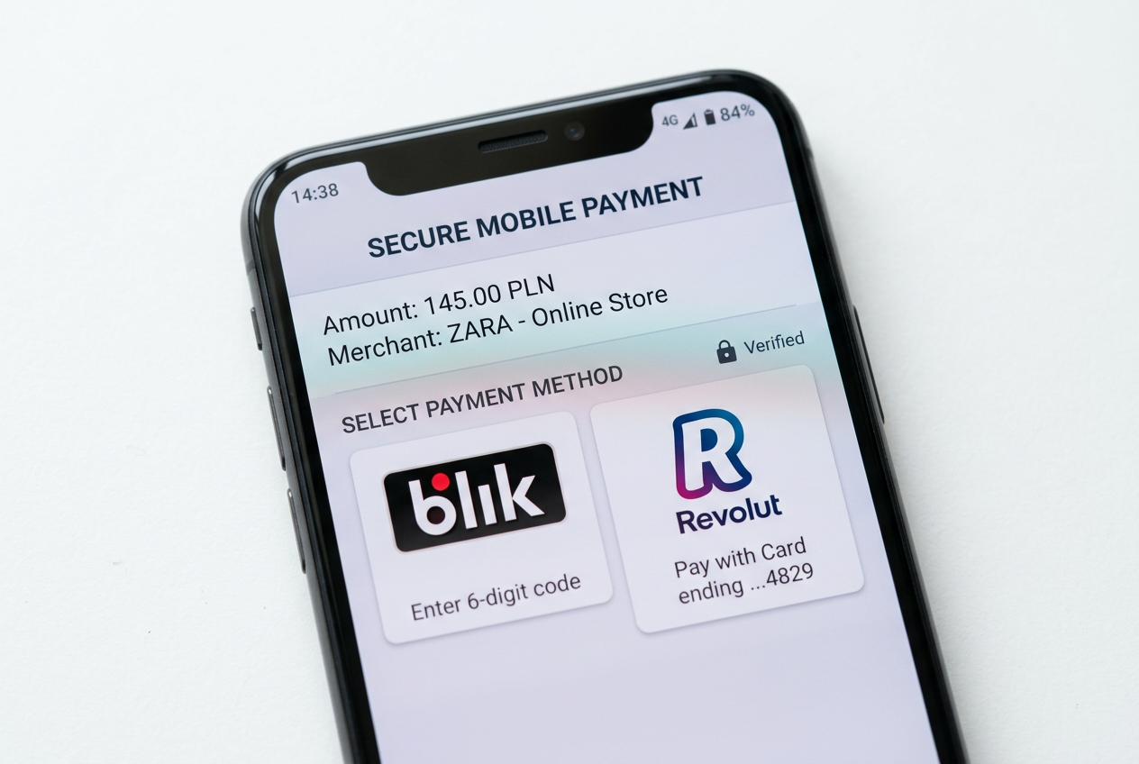 Smartphone screen showing a secure mobile payment interface with BLIK and Revolut logos