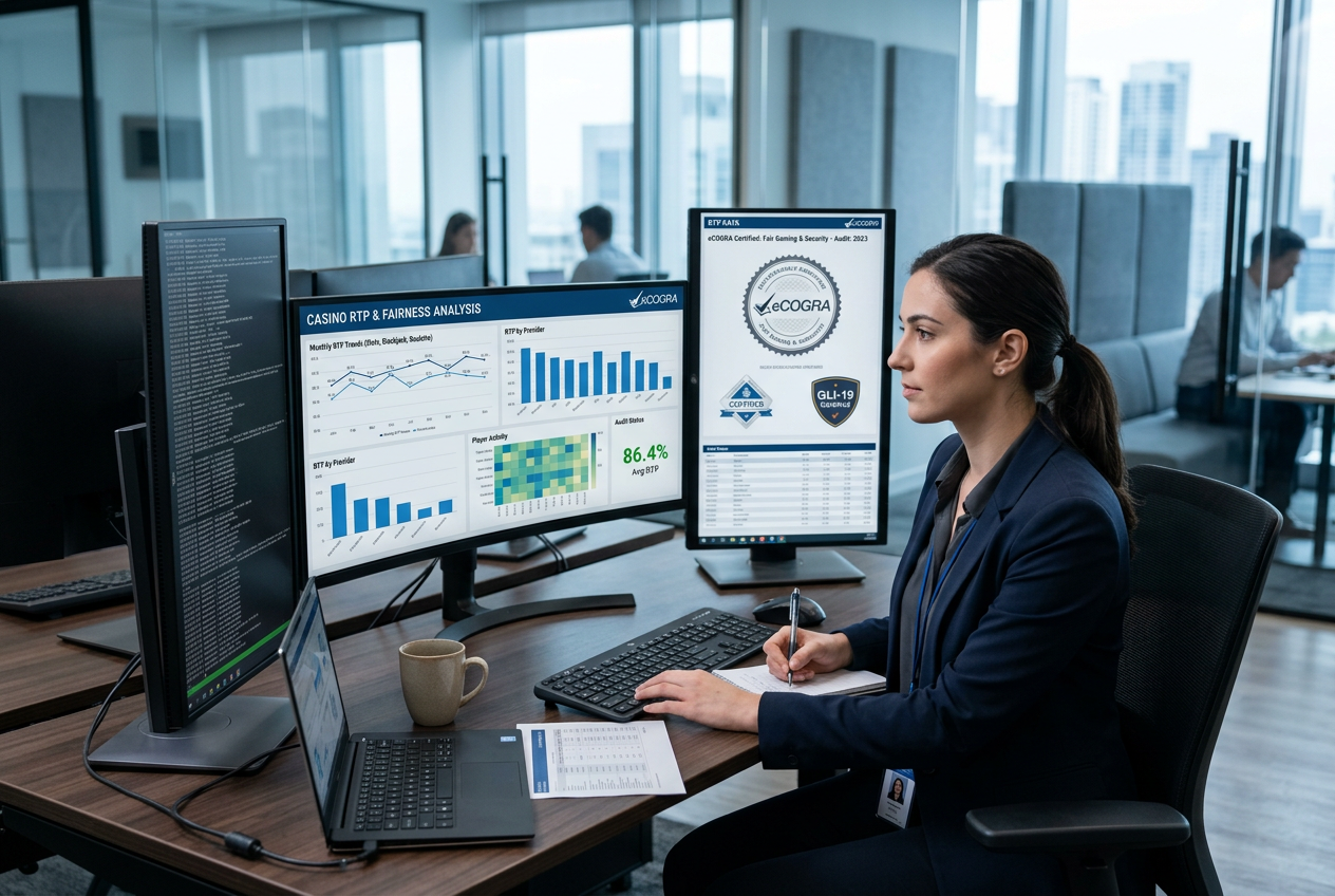 A professional expert analyzing online casino security and payout data on high-tech monitors.