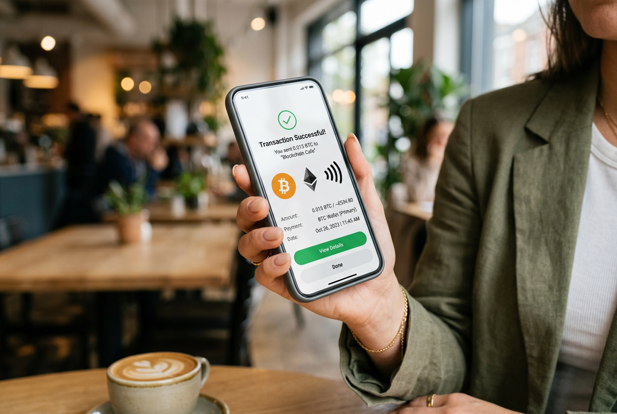 A smartphone displaying a fast withdrawal confirmation with crypto and bank icons.